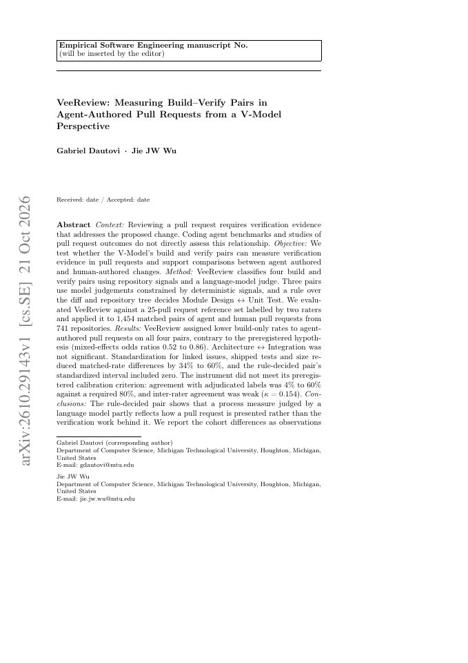 First page of VeeReview: Measuring Build-Verify Pairs in Agent-Authored Pull Requests from a V-Model Perspective
