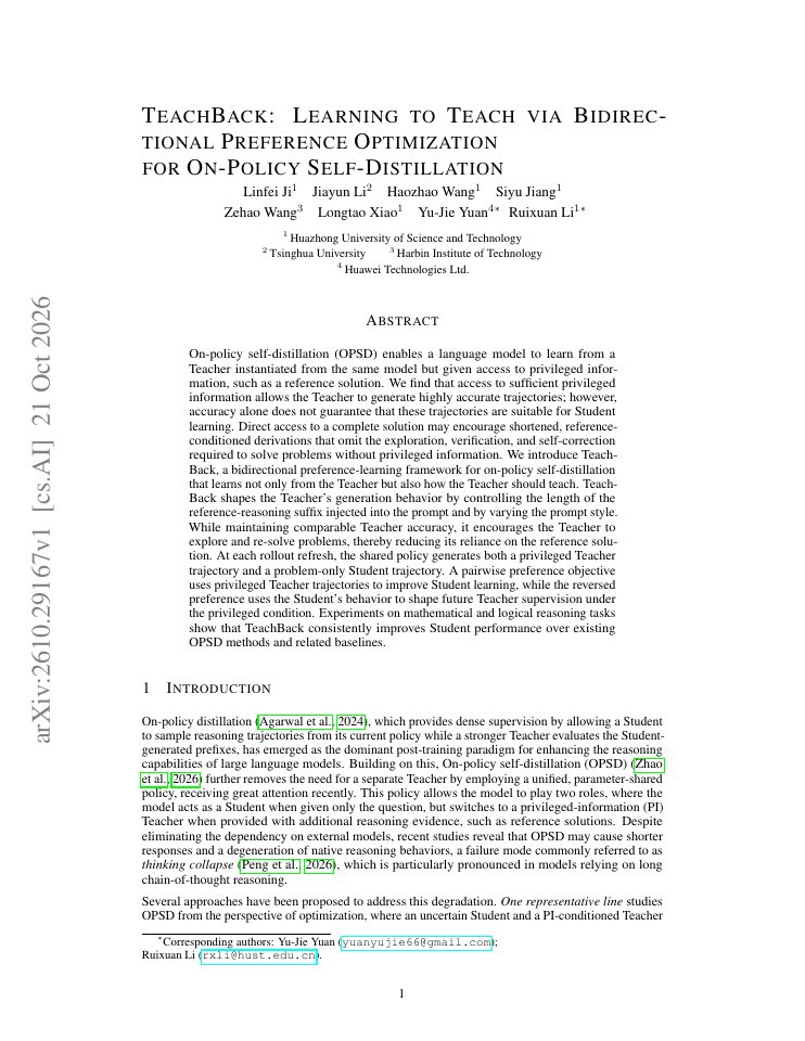 First page of TeachBack: Learning to Teach via Bidirectional Preference Optimization for On-Policy Self-Distillation