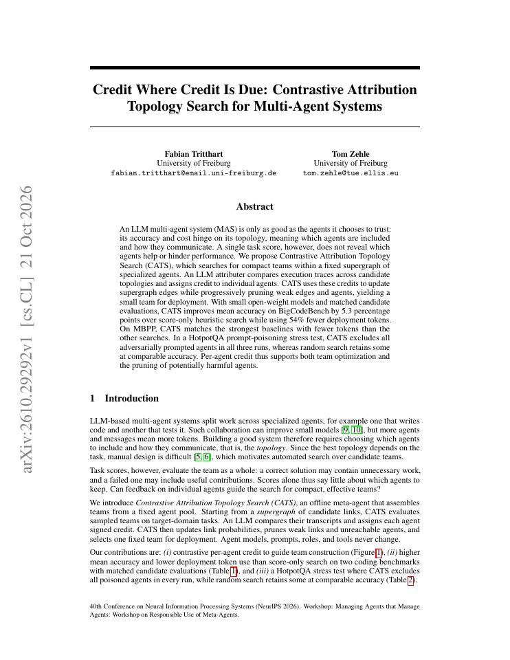 First page of Credit Where Credit Is Due: Contrastive Attribution Topology Search for Multi-Agent Systems