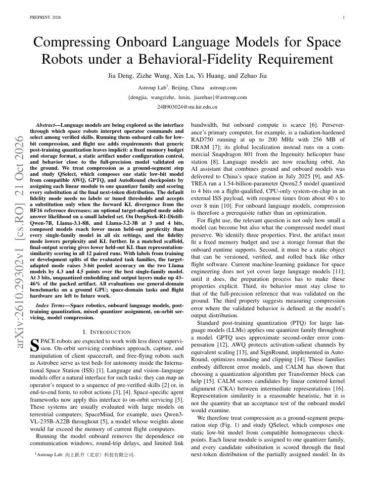 First page of Compressing Onboard Language Models for Space Robots under a Behavioral-Fidelity Requirement