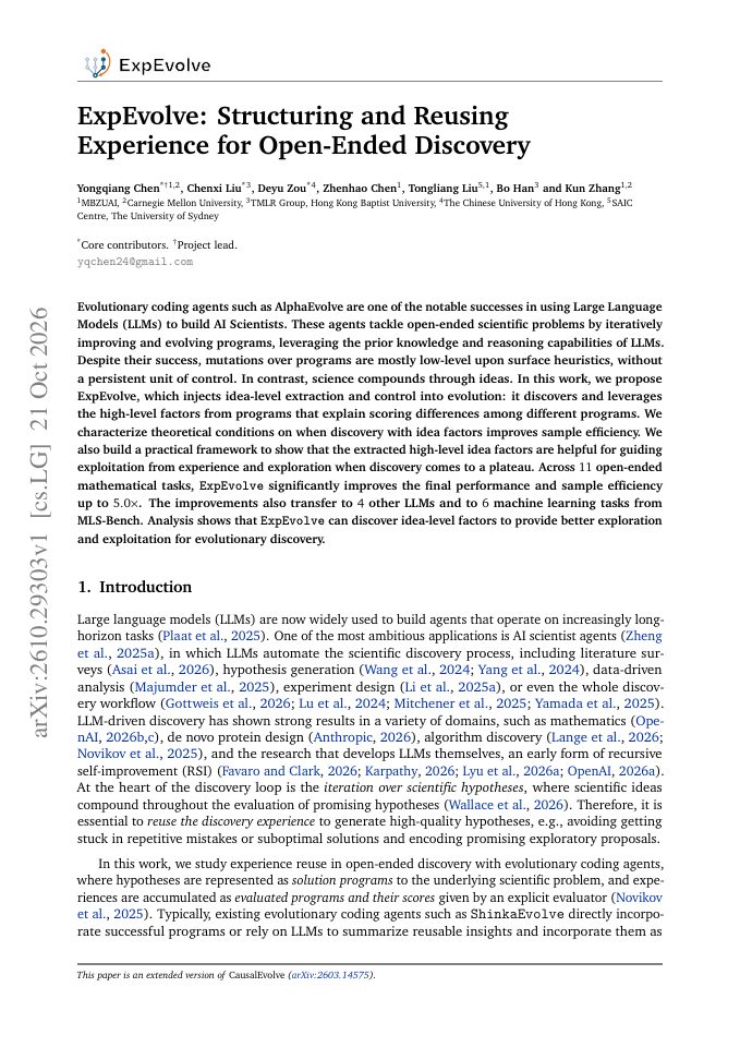 First page of ExpEvolve: Structuring and Reusing Experience for Open-Ended Discovery