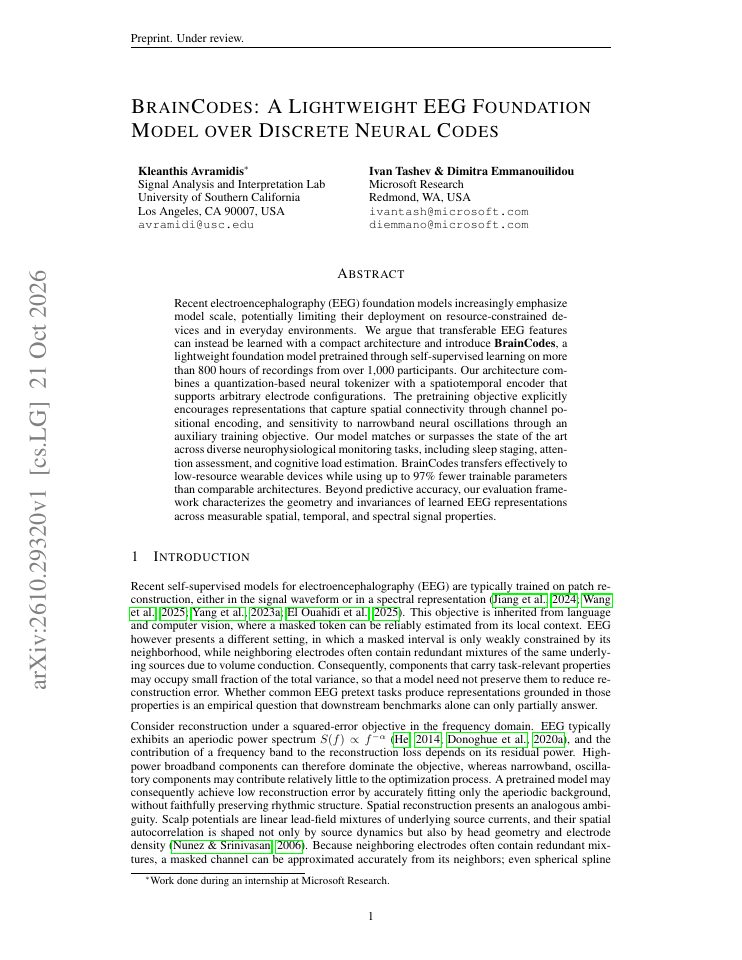 First page of BrainCodes: A Lightweight EEG Foundation Model over Discrete Neural Codes