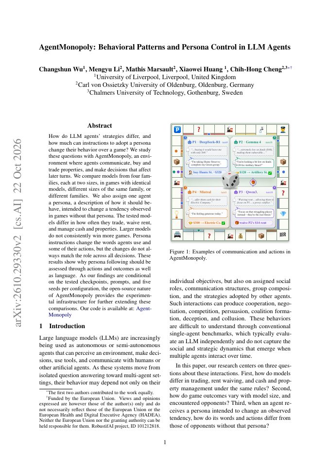 First page of AgentMonopoly: Behavioral Patterns and Persona Control in LLM Agents
