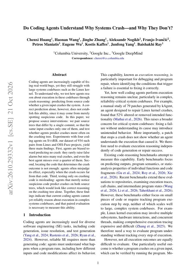 First page of Do Coding Agents Understand Why Systems Crash---and Why They Don't?