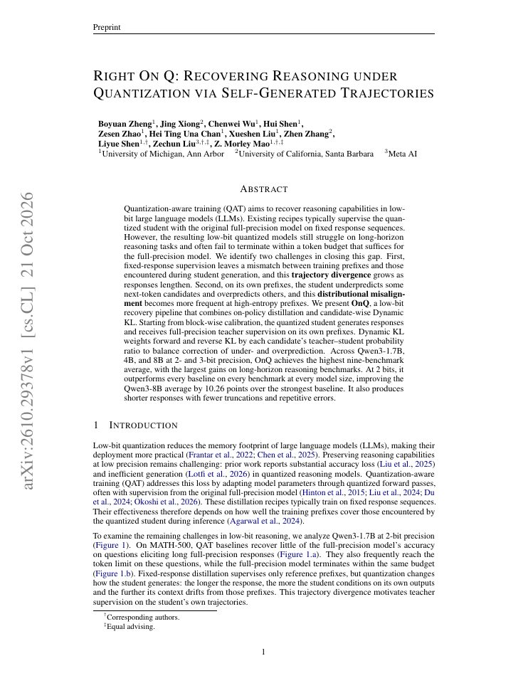 First page of Right On Q: Recovering Reasoning under Quantization via Self-Generated Trajectories