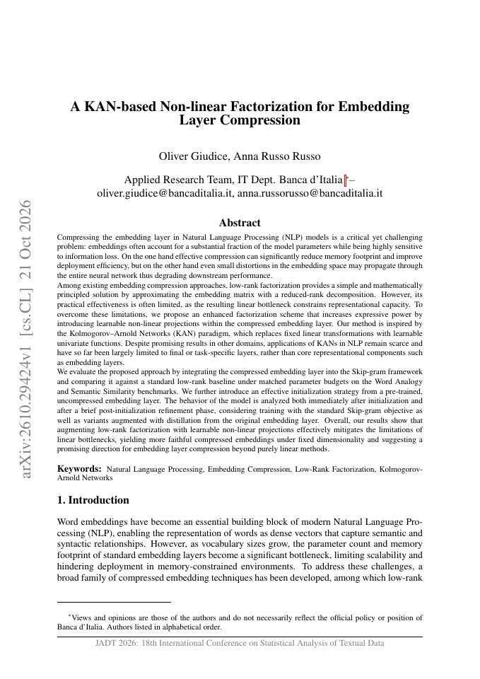 First page of A KAN-based Non-linear Factorization for Embedding Layer Compression