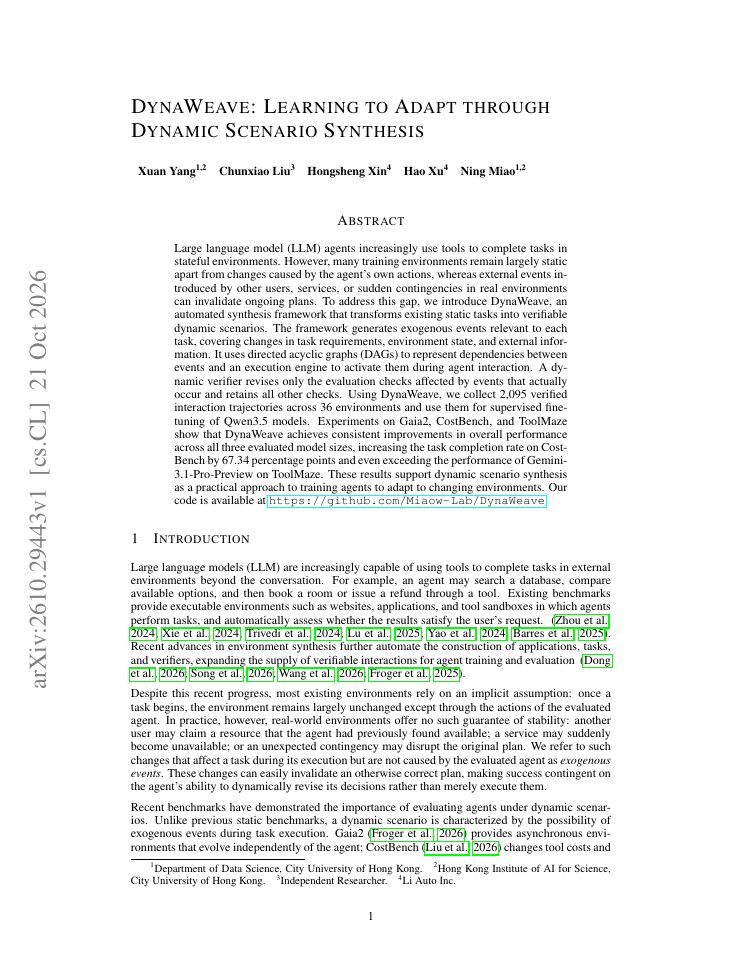 First page of DynaWeave: Learning to Adapt through Dynamic Scenario Synthesis
