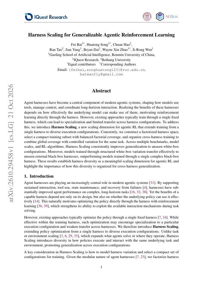First page of Harness Scaling for Generalizable Agentic Reinforcement Learning