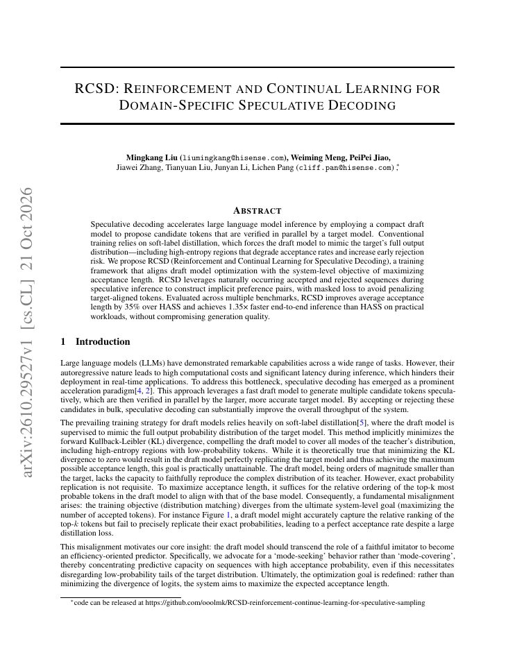 First page of RCSD: Reinforcement and Continual Learning for Domain-Specific Speculative Decoding