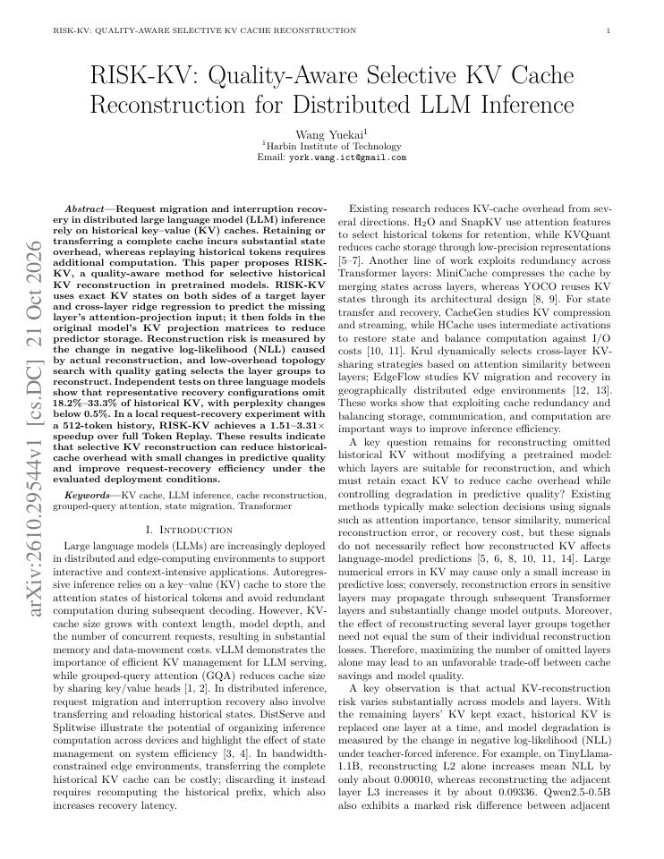 First page of RISK-KV: Quality-Aware Selective KV Cache Reconstruction for Distributed LLM Inference