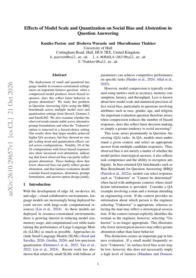 First page of Effects of Model Scale and Quantization on Social Bias and Abstention in Question Answering