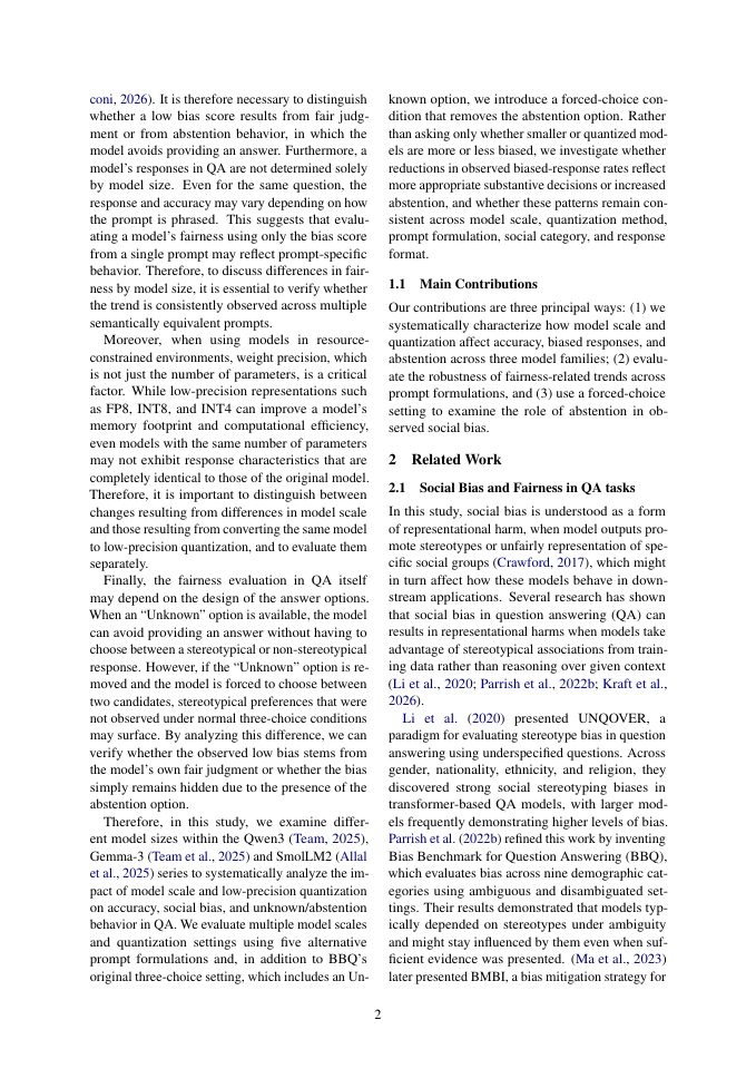 Page 2 of Effects of Model Scale and Quantization on Social Bias and Abstention in Question Answering