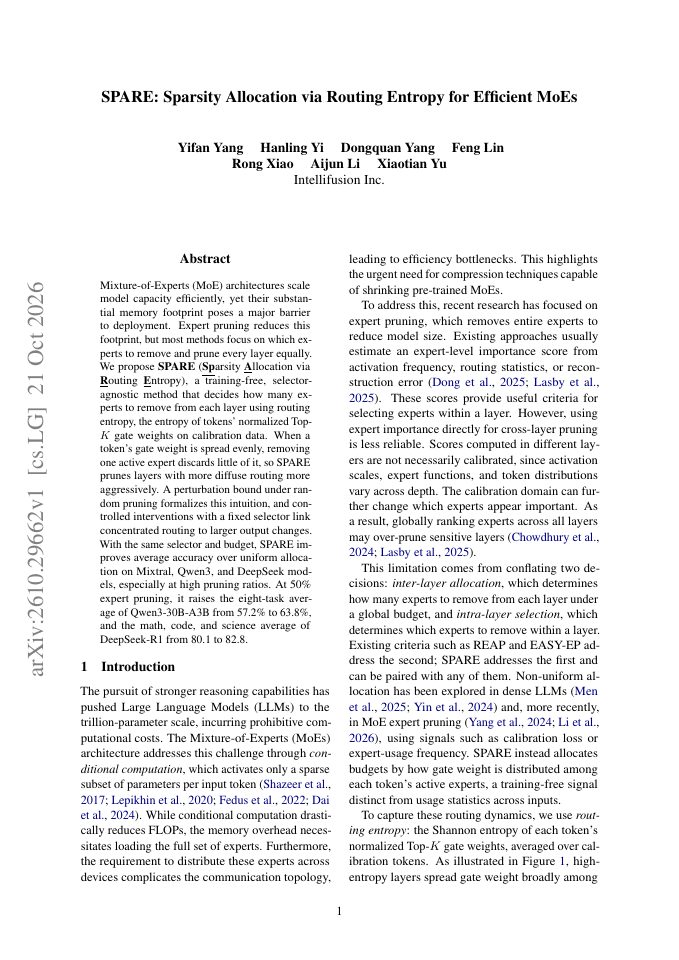 First page of SPARE: Sparsity Allocation via Routing Entropy for Efficient MoEs