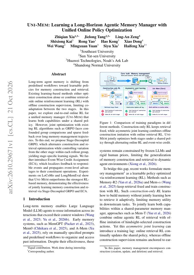 First page of Uni-Mem: Learning a Long-Horizon Agentic Memory Manager with Unified Online Policy Optimization