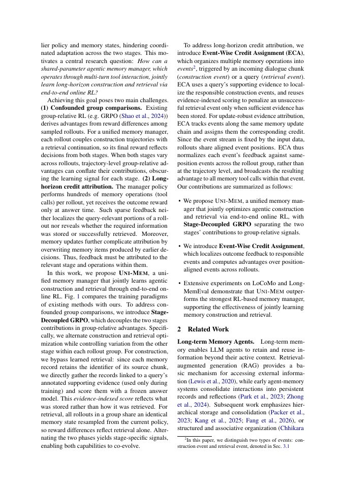 Page 2 of Uni-Mem: Learning a Long-Horizon Agentic Memory Manager with Unified Online Policy Optimization