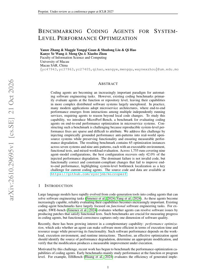 First page of Benchmarking Coding Agents for System-Level Performance Optimization