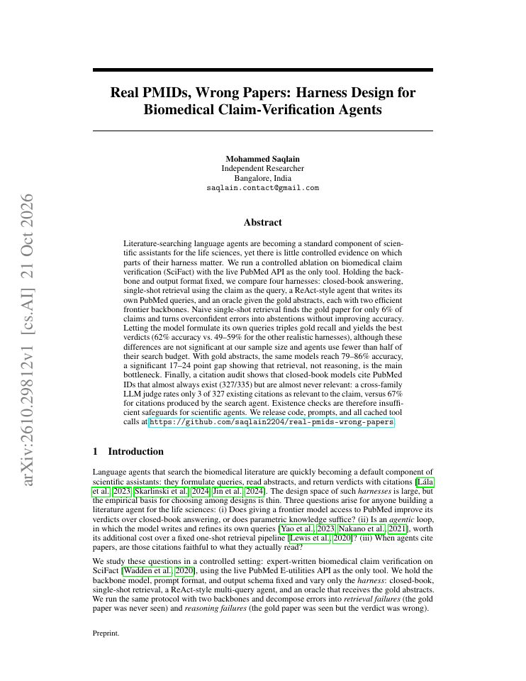 First page of Real PMIDs, Wrong Papers: Harness Design for Biomedical Claim-Verification Agents