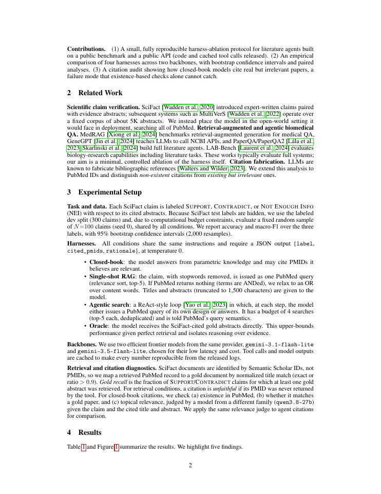 Page 2 of Real PMIDs, Wrong Papers: Harness Design for Biomedical Claim-Verification Agents