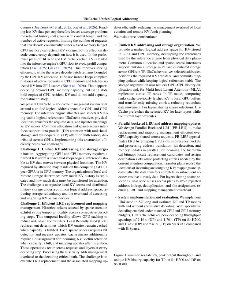 Page 2 of UlaCache: Unified Logical Addressing for Sparse LLM Serving