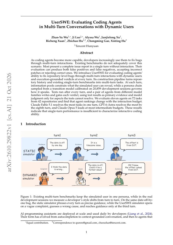 First page of UserSWE: Evaluating Coding Agents in Multi-Turn Conversations with Dynamic Users