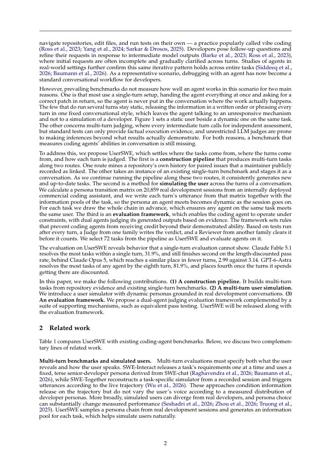 Page 2 of UserSWE: Evaluating Coding Agents in Multi-Turn Conversations with Dynamic Users