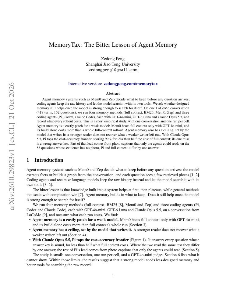 First page of MemoryTax: The Bitter Lesson of Agent Memory