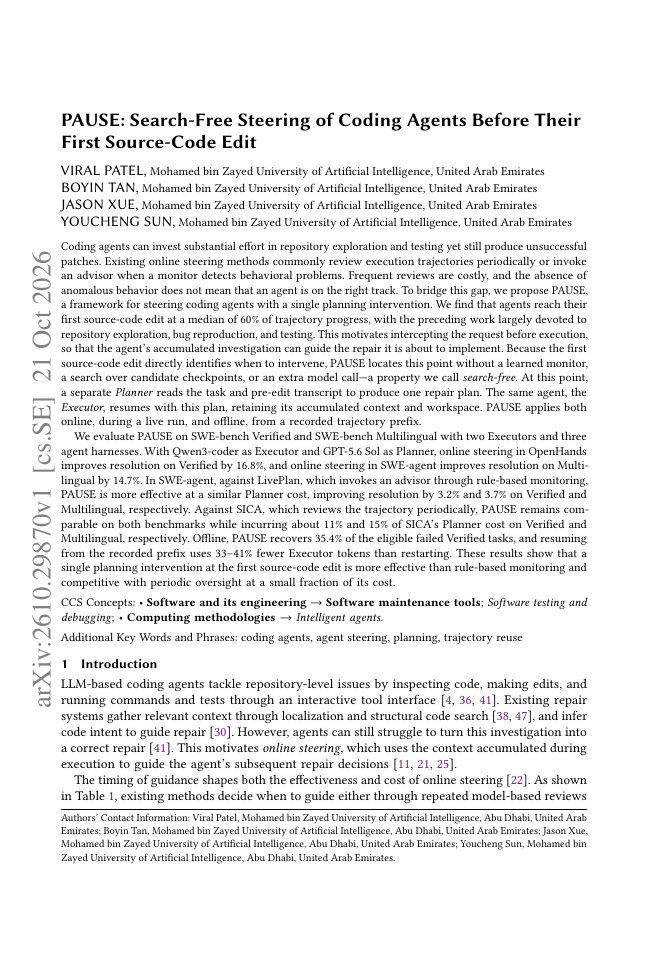 First page of PAUSE: Search-Free Steering of Coding Agents Before Their First Source-Code Edit