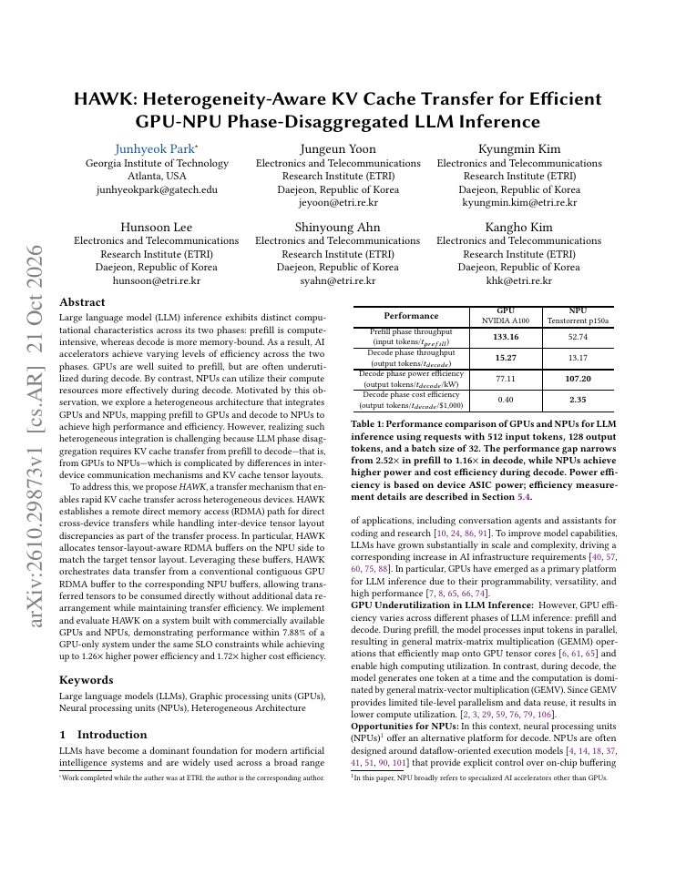 First page of HAWK: Heterogeneity-Aware KV Cache Transfer for Efficient GPU-NPU Phase-Disaggregated LLM Inference