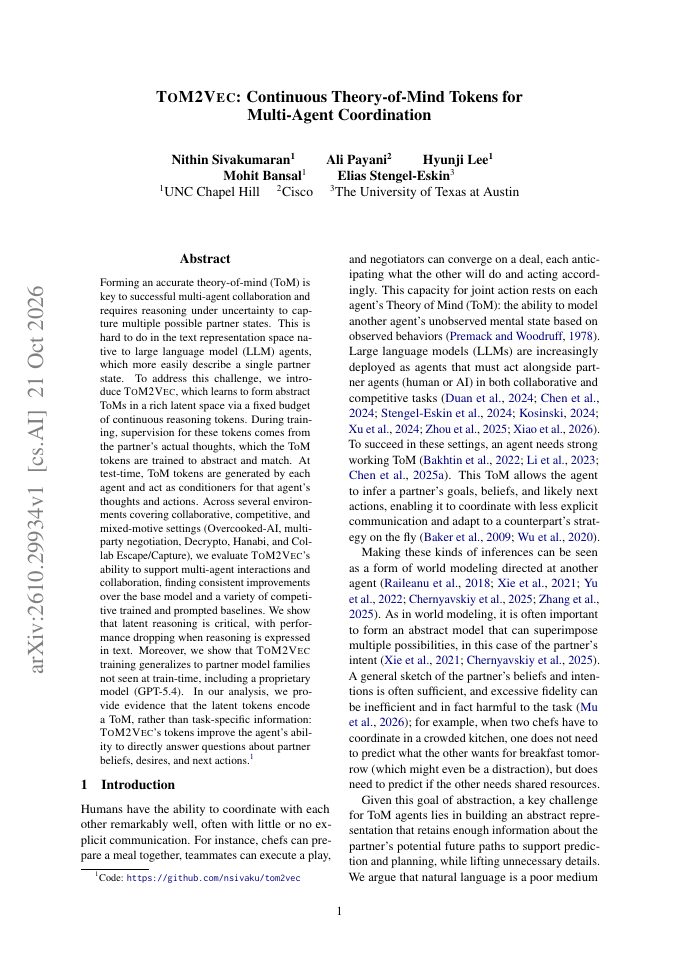 First page of ToM2Vec: Continuous Theory-of-Mind Tokens for Multi-Agent Coordination
