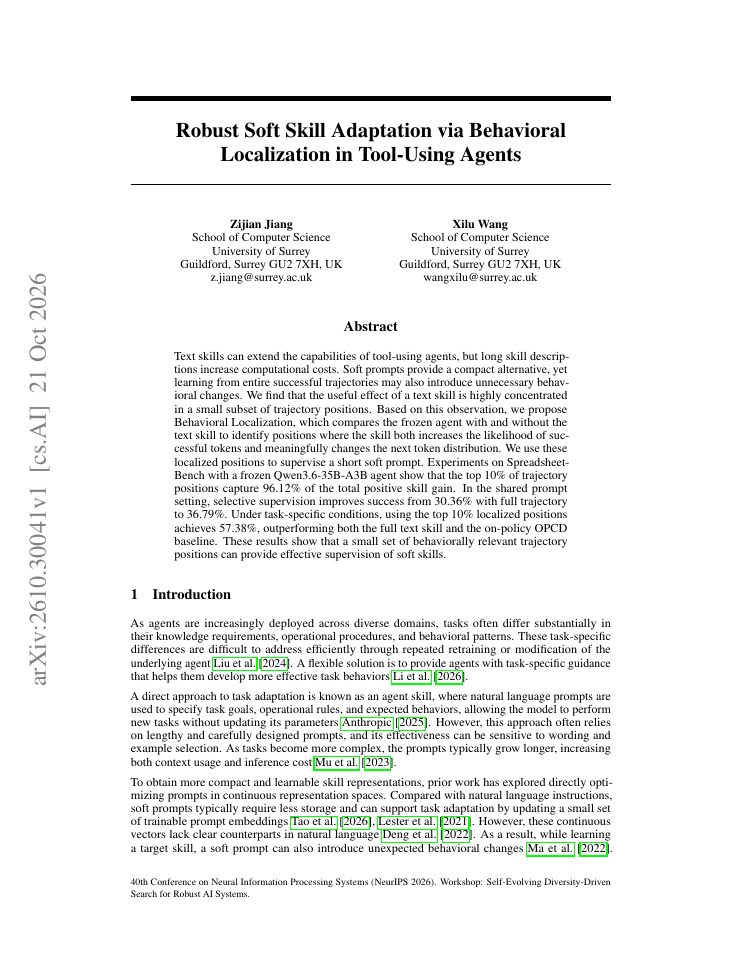 First page of Robust Soft Skill Adaptation via Behavioral Localization in Tool-Using Agents