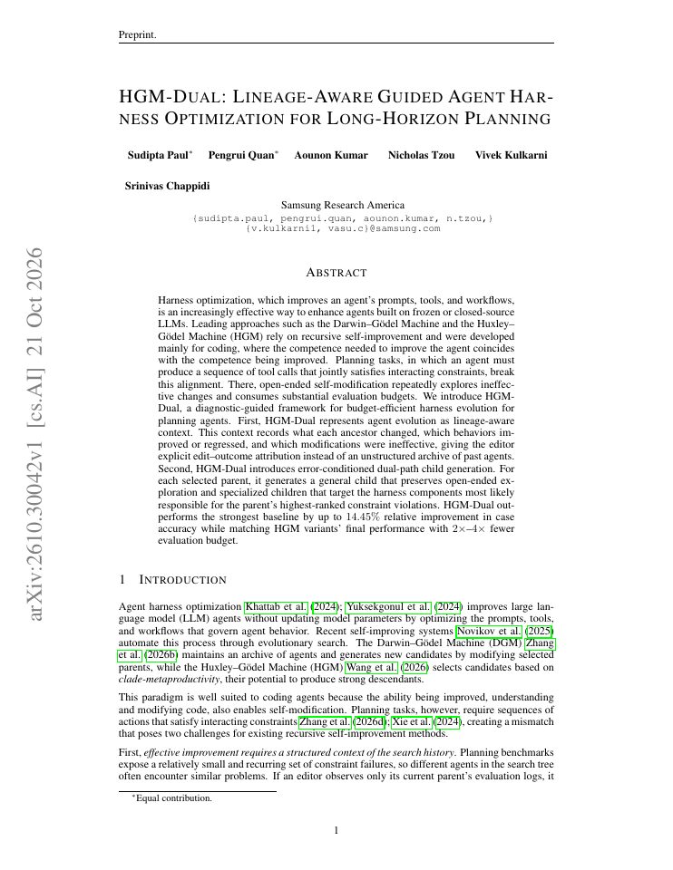First page of HGM-Dual: Lineage-Aware Guided Agent Harness Optimization for Long-Horizon Planning