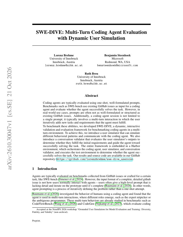 First page of SWE-DIVE: Multi-Turn Coding Agent Evaluation with Dynamic User Simulation