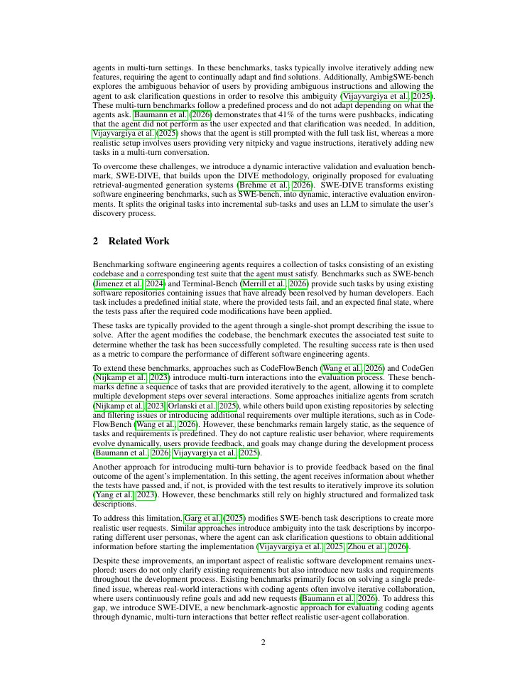 Page 2 of SWE-DIVE: Multi-Turn Coding Agent Evaluation with Dynamic User Simulation