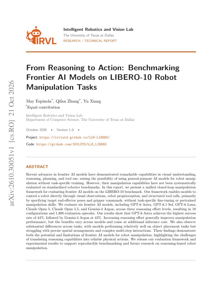 First page of From Reasoning to Action: Benchmarking Frontier AI Models on LIBERO-10 Robot Manipulation Tasks