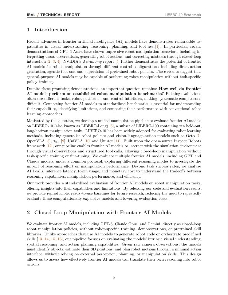 Page 2 of From Reasoning to Action: Benchmarking Frontier AI Models on LIBERO-10 Robot Manipulation Tasks