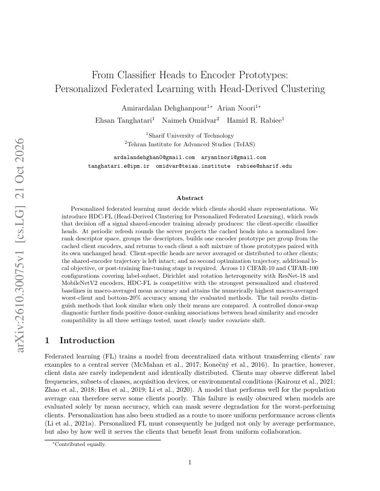 First page of From Classifier Heads to Encoder Prototypes: Personalized Federated Learning with Head-Derived Clustering