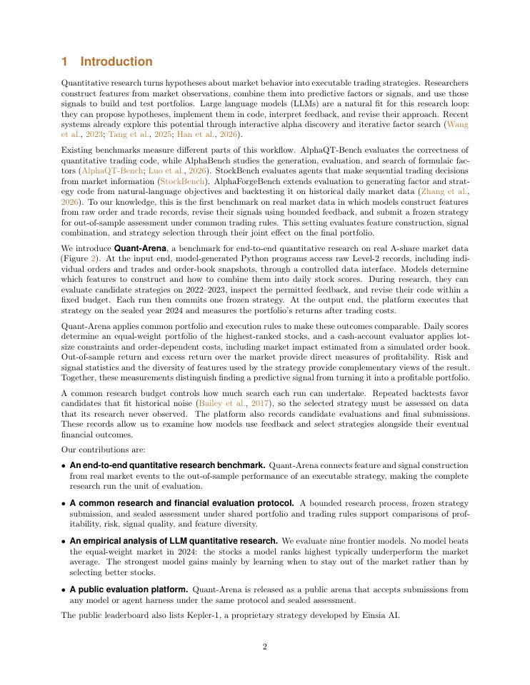 Page 2 of Quant-Arena: Benchmarking LLM Agents for Quantitative Trading Research