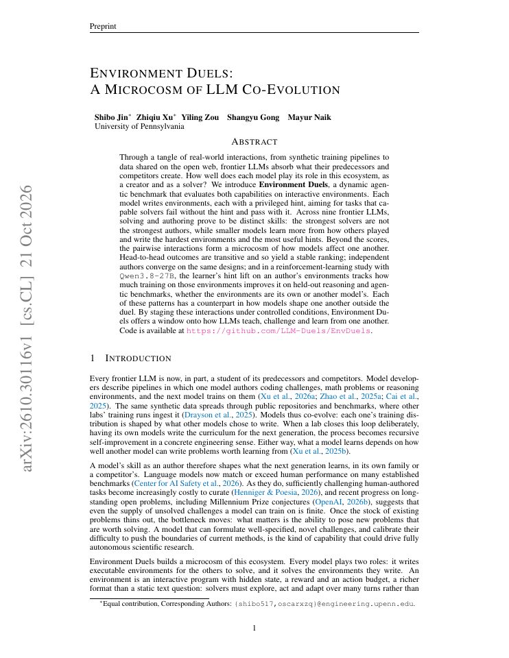 First page of Environment Duels: A Microcosm of LLM Co-Evolution