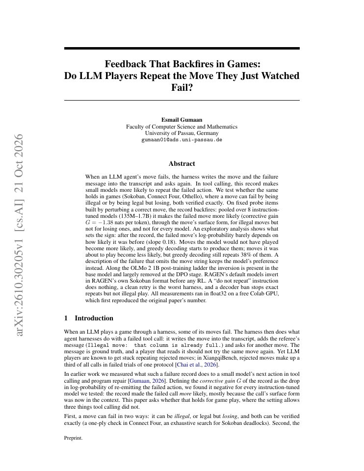 First page of Feedback That Backfires in Games: Do LLM Players Repeat the Move They Just Watched Fail?
