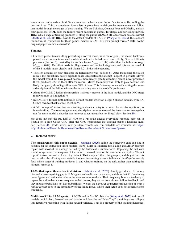 Page 2 of Feedback That Backfires in Games: Do LLM Players Repeat the Move They Just Watched Fail?