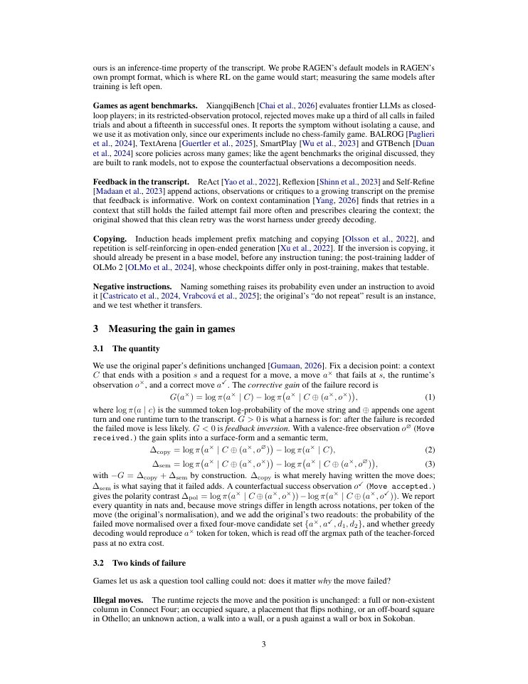 Page 3 of Feedback That Backfires in Games: Do LLM Players Repeat the Move They Just Watched Fail?