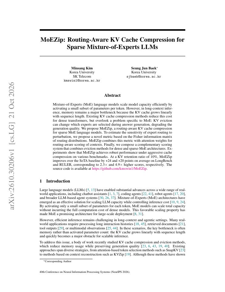 First page of MoEZip: Routing-Aware KV Cache Compression for Sparse Mixture-of-Experts LLMs