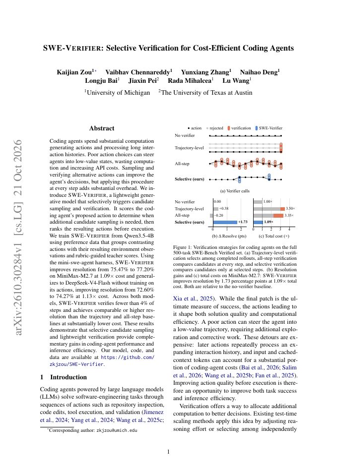 First page of SWE-VERIFIER: Selective Verification for Cost-Efficient Coding Agents