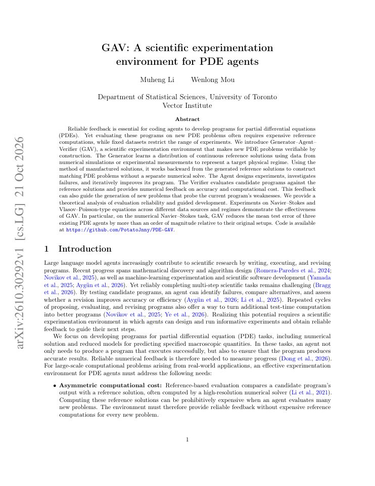 First page of GAV: A scientific experimentation environment for PDE agents