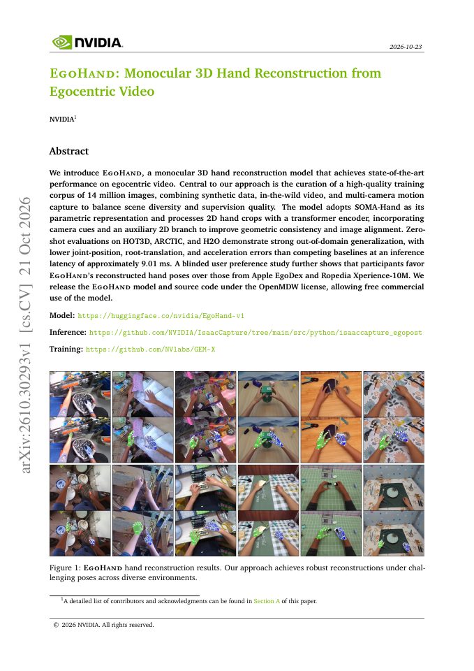 First page of EgoHand: Monocular 3D Hand Reconstruction from Egocentric Video
