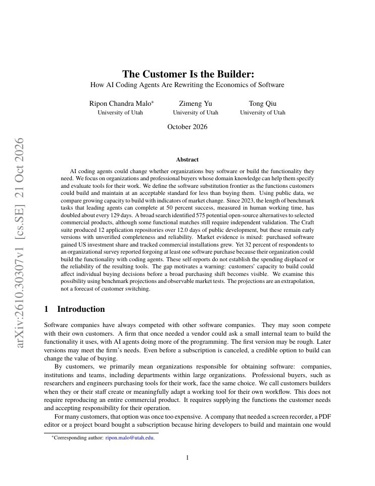 First page of The Customer Is the Builder: How AI Coding Agents Are Rewriting the Economics of Software
