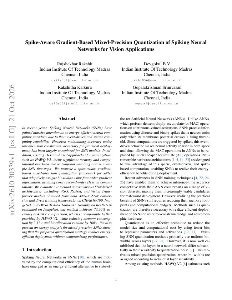 First page of Spike-Aware Gradient-Based Mixed-Precision Quantization of Spiking Neural Networks for Vision Applications