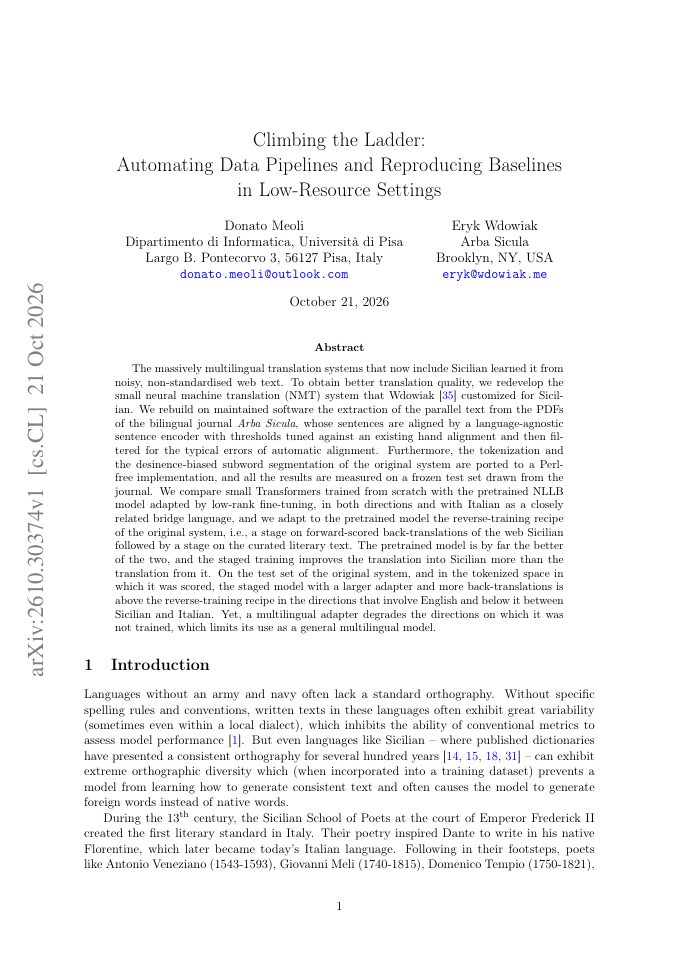 First page of Climbing the Ladder: Automating Data Pipelines and Reproducing Baselines in Low-Resource Settings