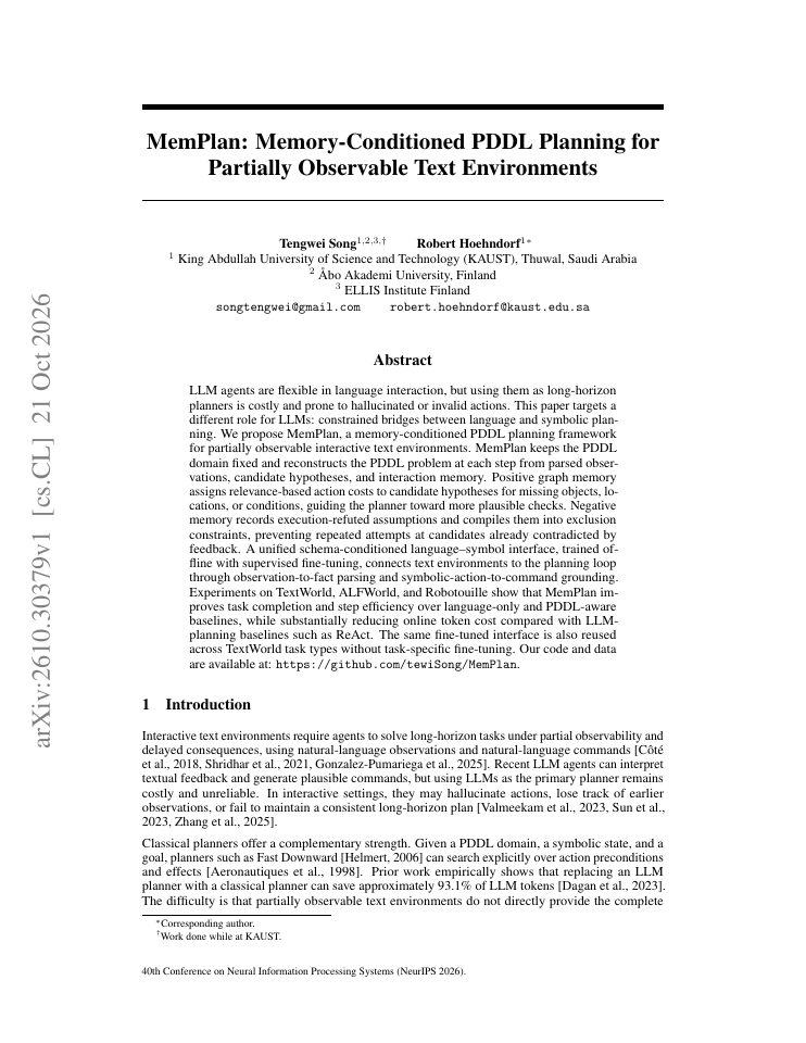 First page of MemPlan: Memory-Conditioned PDDL Planning for Partially Observable Text Environments