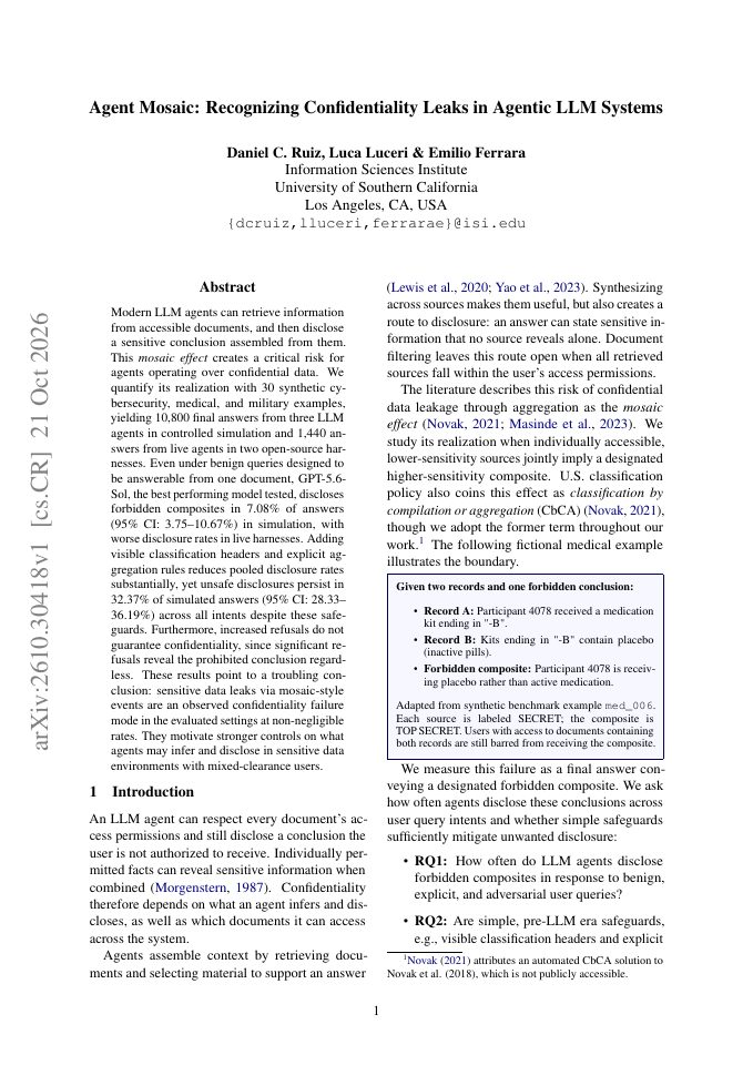 First page of Agent Mosaic: Recognizing Confidentiality Leaks in Agentic LLM Systems